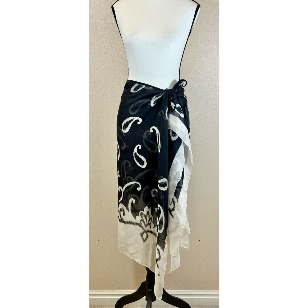 NWOT Gottex 100% Silk Black & Cream Sarong Swim Cover Up Women's Large
